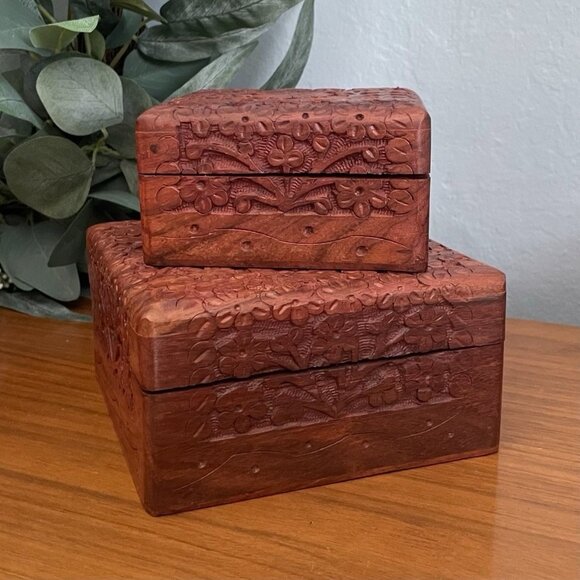 Vintage 2 Hand Carved Floral Wooden Jewelry Trinket Storage Box